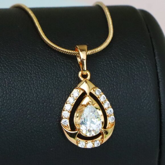 "Teardrop White Stone Pendant with Crystals in Gold Plated Finish, XPPT1798 - Picture 1 of 13